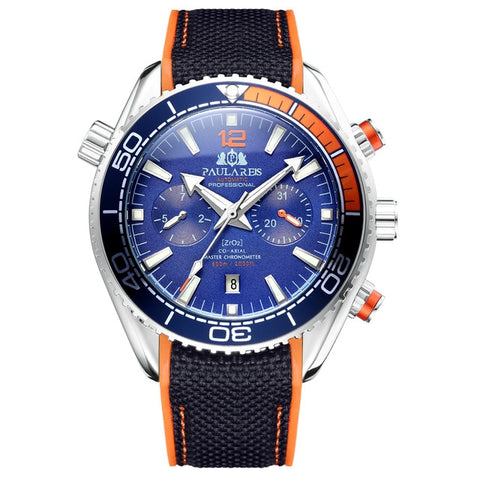 Men Automatic Self Wind Mechanical Canvas Rubber Strap James Bond 007 Style Orange Blue Red Multifunction Date Month Watch