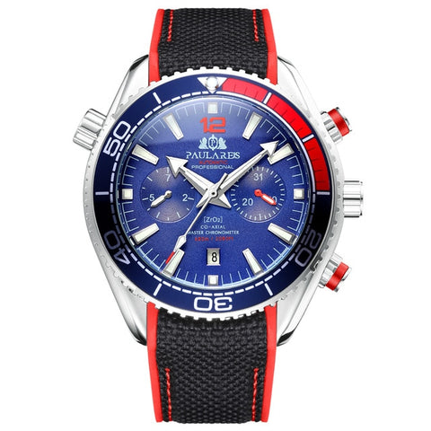 Men Automatic Self Wind Mechanical Canvas Rubber Strap James Bond 007 Style Orange Blue Red Multifunction Date Month Watch