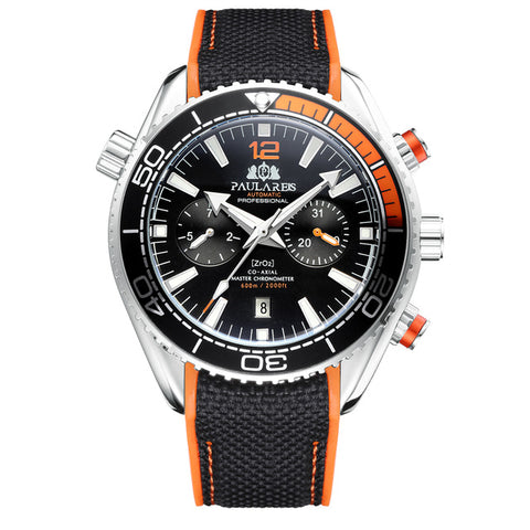 Men Automatic Self Wind Mechanical Canvas Rubber Strap James Bond 007 Style Orange Blue Red Multifunction Date Month Watch