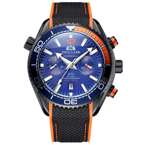 Men Automatic Self Wind Mechanical Canvas Rubber Strap James Bond 007 Style Orange Blue Red Multifunction Date Month Watch