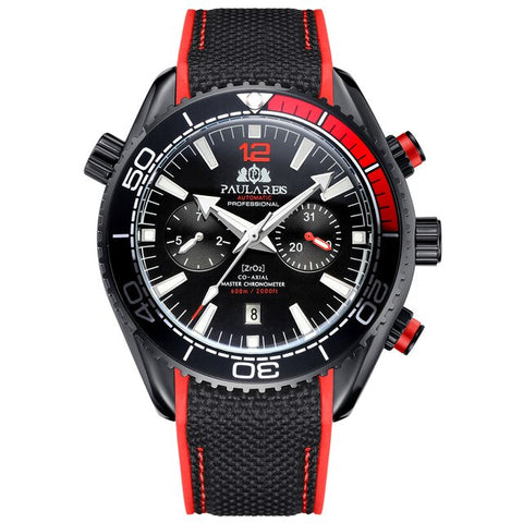 Men Automatic Self Wind Mechanical Canvas Rubber Strap James Bond 007 Style Orange Blue Red Multifunction Date Month Watch