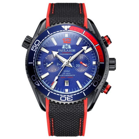 Men Automatic Self Wind Mechanical Canvas Rubber Strap James Bond 007 Style Orange Blue Red Multifunction Date Month Watch