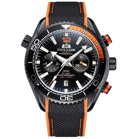 Men Automatic Self Wind Mechanical Canvas Rubber Strap James Bond 007 Style Orange Blue Red Multifunction Date Month Watch