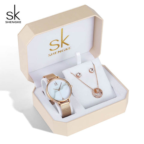 Shengke Women Watches  Set Luxury Crystal Earrings Necklace Watches Set Reloj Mujer 2019 SK Ladies Quartz Watch Gifts For Women