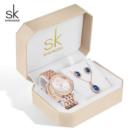 Shengke Women Watches  Set Luxury Crystal Earrings Necklace Watches Set Reloj Mujer 2019 SK Ladies Quartz Watch Gifts For Women