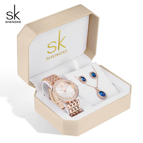 Shengke Women Watches  Set Luxury Crystal Earrings Necklace Watches Set Reloj Mujer 2019 SK Ladies Quartz Watch Gifts For Women