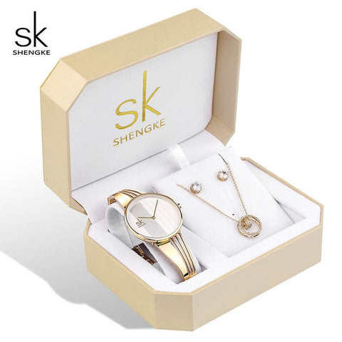 Shengke Women Watches  Set Luxury Crystal Earrings Necklace Watches Set Reloj Mujer 2019 SK Ladies Quartz Watch Gifts For Women