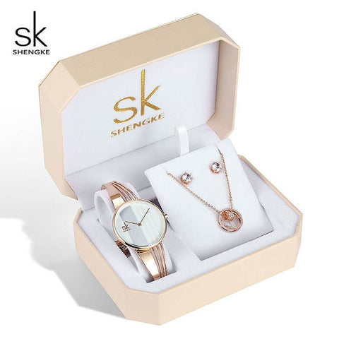 Shengke Women Watches  Set Luxury Crystal Earrings Necklace Watches Set Reloj Mujer 2019 SK Ladies Quartz Watch Gifts For Women