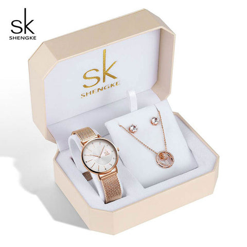 Shengke Women Watches  Set Luxury Crystal Earrings Necklace Watches Set Reloj Mujer 2019 SK Ladies Quartz Watch Gifts For Women