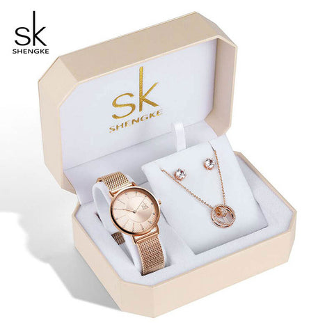 Shengke Women Watches  Set Luxury Crystal Earrings Necklace Watches Set Reloj Mujer 2019 SK Ladies Quartz Watch Gifts For Women