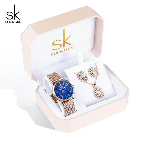 Shengke Women Watches  Set Luxury Crystal Earrings Necklace Watches Set Reloj Mujer 2019 SK Ladies Quartz Watch Gifts For Women