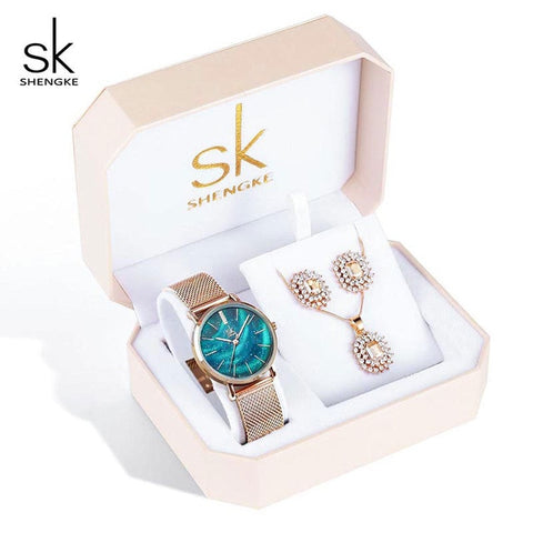 Shengke Women Watches  Set Luxury Crystal Earrings Necklace Watches Set Reloj Mujer 2019 SK Ladies Quartz Watch Gifts For Women