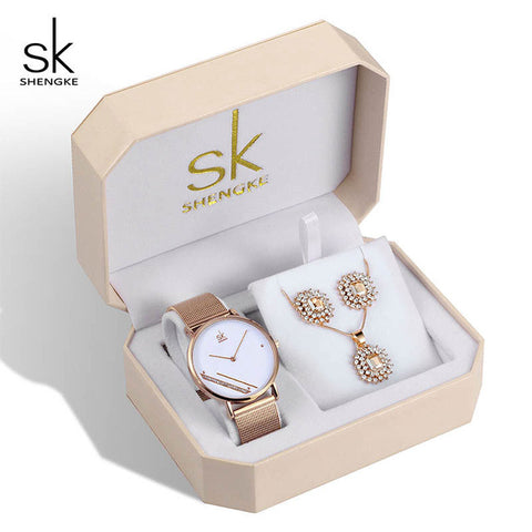 Shengke Women Watches  Set Luxury Crystal Earrings Necklace Watches Set Reloj Mujer 2019 SK Ladies Quartz Watch Gifts For Women