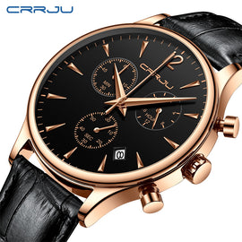 Mens Sports Watches CRRJU Top Brand Luxury Casual Waterproof Watch for Man Quartz Leather Strap Men's Watch Relogio Masculino