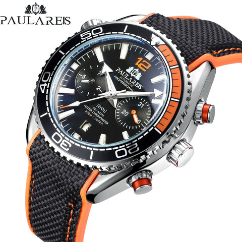 Men Automatic Self Wind Mechanical Canvas Rubber James Bond 007 Style Orange Blue Multifunction Date Month Sport Watch