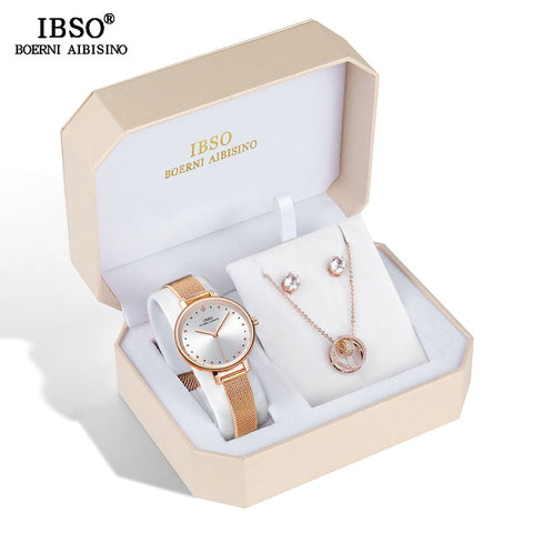 IBSO Brand Women Rose Gold Watch Earring Necklace Set Female Jewelry Set Fashion Creative Crystal Quartz Watch Lady's Gift