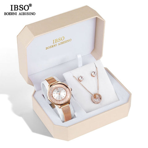 IBSO Brand Women Rose Gold Watch Earring Necklace Set Female Jewelry Set Fashion Creative Crystal Quartz Watch Lady's Gift