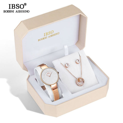 IBSO Brand Women Rose Gold Watch Earring Necklace Set Female Jewelry Set Fashion Creative Crystal Quartz Watch Lady's Gift