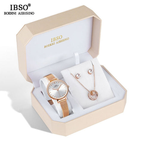 IBSO Brand Women's Quartz Watch Set Crystal Design Set Female Jewelry Set Original Design Quartz Watch Earring Necklace Set