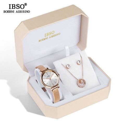 IBSO Brand Women's Quartz Watch Set Crystal Design Set Female Jewelry Set Original Design Quartz Watch Earring Necklace Set