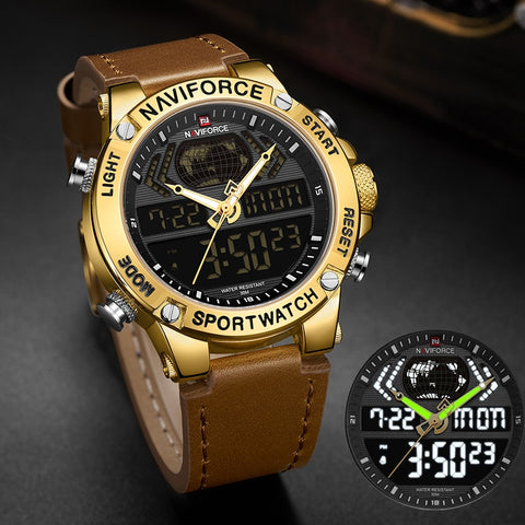 NAVIFORCE Luxury Gold Mens Watch Sport LED Digital Quartz Watches Military Leather Waterproof Clock Men Relogio Masculino 2019