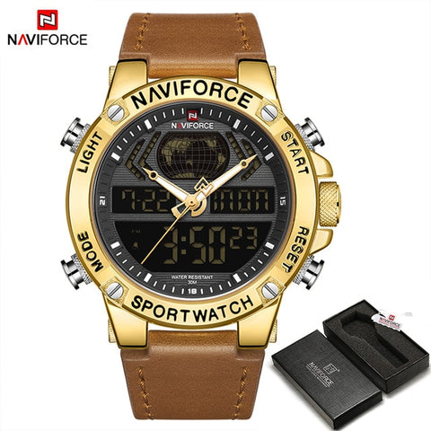 NAVIFORCE Luxury Gold Mens Watch Sport LED Digital Quartz Watches Military Leather Waterproof Clock Men Relogio Masculino 2019