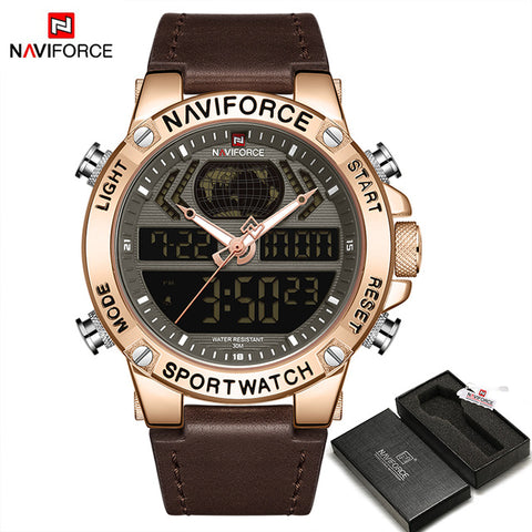 NAVIFORCE Luxury Gold Mens Watch Sport LED Digital Quartz Watches Military Leather Waterproof Clock Men Relogio Masculino 2019