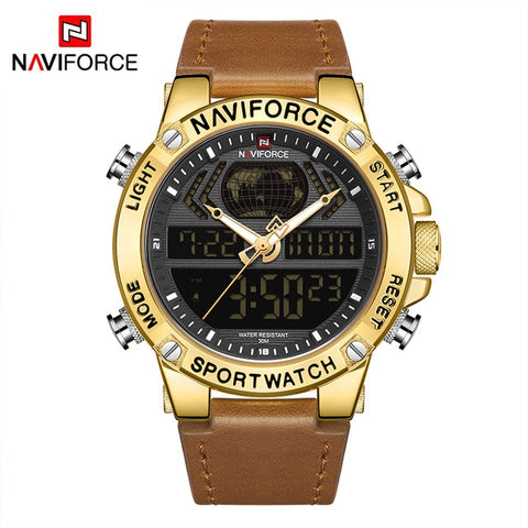 NAVIFORCE Luxury Gold Mens Watch Sport LED Digital Quartz Watches Military Leather Waterproof Clock Men Relogio Masculino 2019