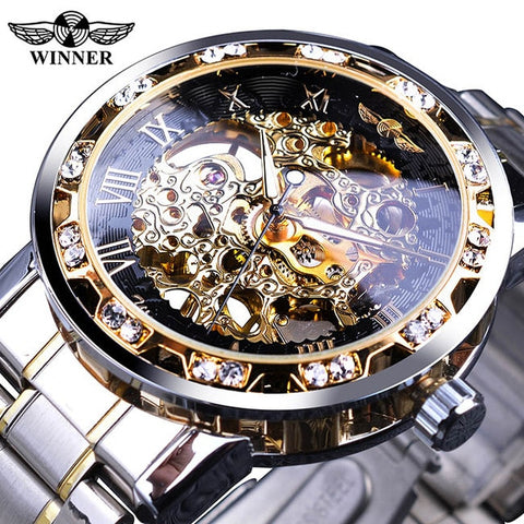 Winner Golden Watches Classic Rhinestone Clock Roman Analog Male Skeleton Clocks Automatic Mechanical Stainless Steel Band Watch