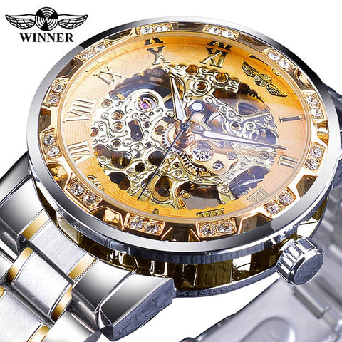 Winner Golden Watches Classic Rhinestone Clock Roman Analog Male Skeleton Clocks Automatic Mechanical Stainless Steel Band Watch