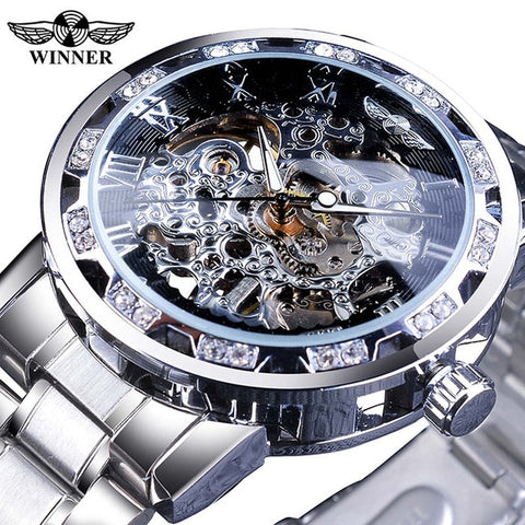 Winner Golden Watches Classic Rhinestone Clock Roman Analog Male Skeleton Clocks Automatic Mechanical Stainless Steel Band Watch