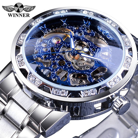 Winner Golden Watches Classic Rhinestone Clock Roman Analog Male Skeleton Clocks Automatic Mechanical Stainless Steel Band Watch