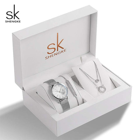 Shengke Top Brand Crystal Design Ladies Watch Bracelet Necklace Set Female Jewelry Luxury WristWatch Quartz Watch Lady's Gift