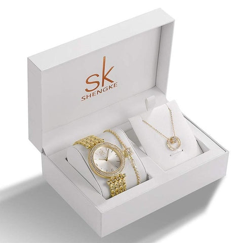 Shengke Top Brand Crystal Design Ladies Watch Bracelet Necklace Set Female Jewelry Luxury WristWatch Quartz Watch Lady's Gift