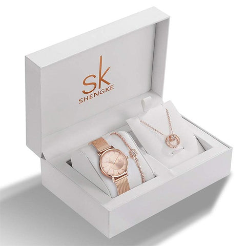 Shengke Top Brand Crystal Design Ladies Watch Bracelet Necklace Set Female Jewelry Luxury WristWatch Quartz Watch Lady's Gift