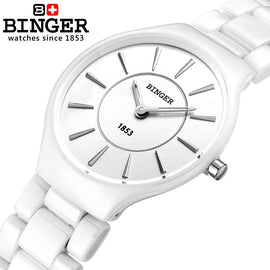 Switzerland BINGER Elegant White Ceramic Quartz Watch Women Fashion Lovers Style Luxury Brand Wristwatches Water Resistant Clock