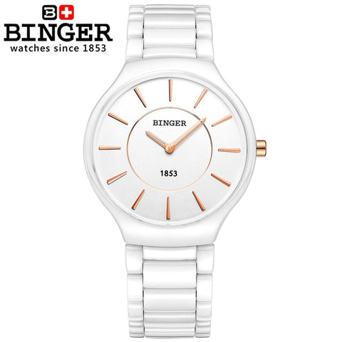 Switzerland BINGER Elegant White Ceramic Quartz Watch Women Fashion Lovers Style Luxury Brand Wristwatches Water Resistant Clock