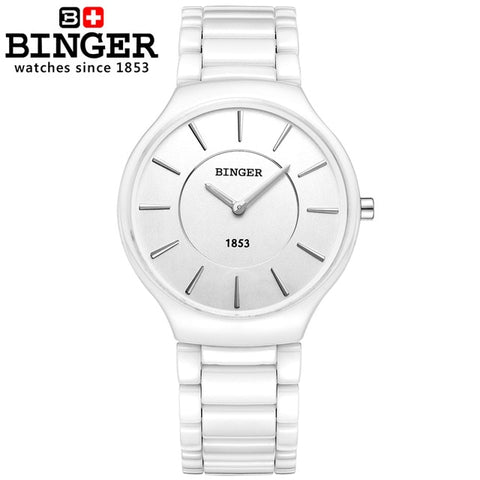 Switzerland BINGER Elegant White Ceramic Quartz Watch Women Fashion Lovers Style Luxury Brand Wristwatches Water Resistant Clock