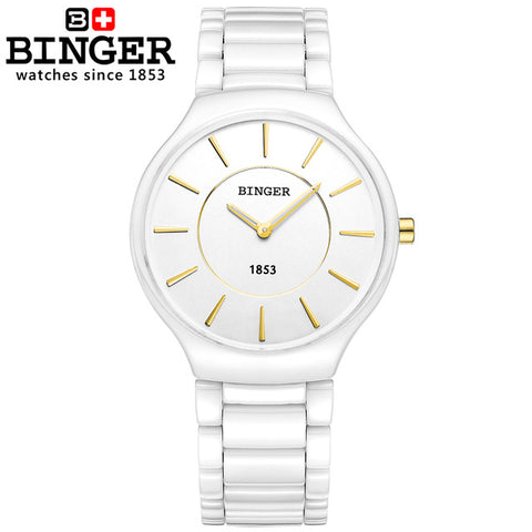 Switzerland BINGER Elegant White Ceramic Quartz Watch Women Fashion Lovers Style Luxury Brand Wristwatches Water Resistant Clock