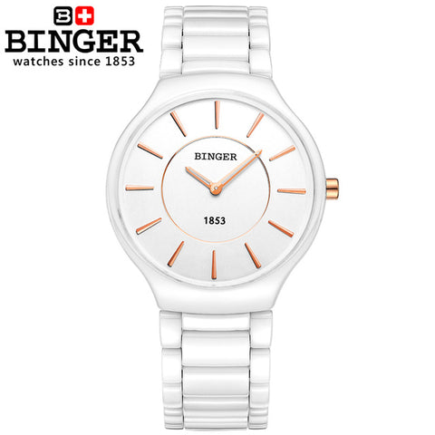 Switzerland BINGER Elegant White Ceramic Quartz Watch Women Fashion Lovers Style Luxury Brand Wristwatches Water Resistant Clock