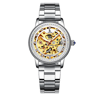 IK Colouring Ladies Wristwatch Automatic Stainless Steel Band Female Clock Mechanical Skeleton Rhinestone Women Watch