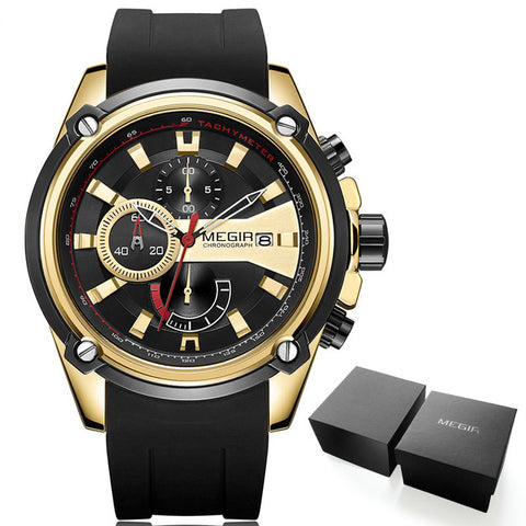 MEGIR Men's Quartz Watches Silicone Strap Leisure Sports Chronograph Wristwatch for Man Clock Relogios Masculino 2086 Gold Black