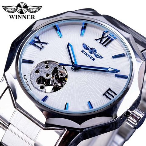 Winner Golden Watches Classic Rhinestone Clock Roman Analog Male Skeleton Clocks Automatic Mechanical Stainless Steel Band Watch