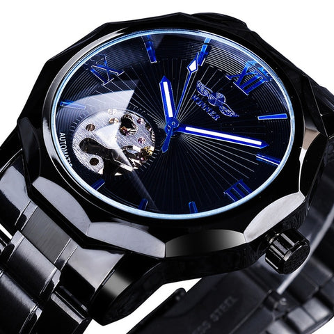 Winner Golden Watches Classic Rhinestone Clock Roman Analog Male Skeleton Clocks Automatic Mechanical Stainless Steel Band Watch