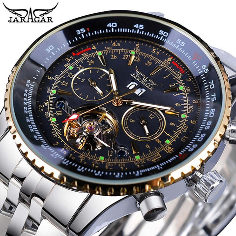 Jaragar 2017 Flying Series Golden Bezel Scale Dial Design Stainless Steel Mens Watch Top Brand Luxury Automatic Mechanical Watch