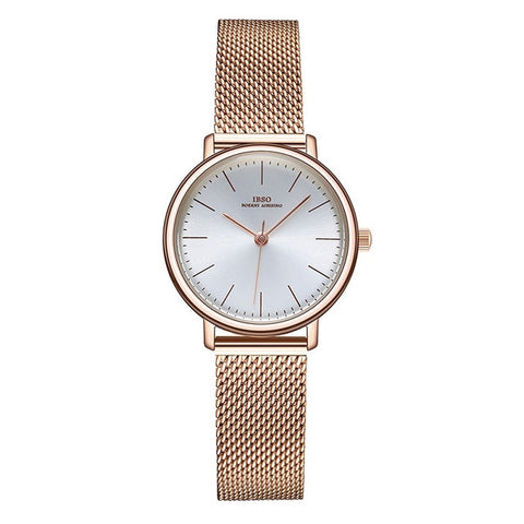 IBSO Women's Quartz Watches Rose Gold Ultra thin Stainless Steel Mesh Strap Quartz Clock Hours Ladies Simple Relogio Masculino