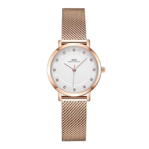 IBSO Women's Quartz Watches Rose Gold Ultra thin Stainless Steel Mesh Strap Quartz Clock Hours Ladies Simple Relogio Masculino