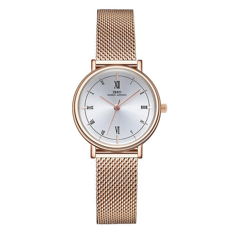 IBSO Women's Quartz Watches Rose Gold Ultra thin Stainless Steel Mesh Strap Quartz Clock Hours Ladies Simple Relogio Masculino