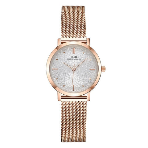 IBSO Women's Quartz Watches Rose Gold Ultra thin Stainless Steel Mesh Strap Quartz Clock Hours Ladies Simple Relogio Masculino