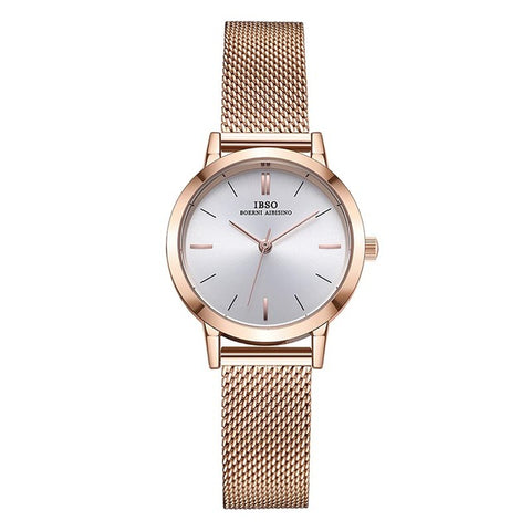 IBSO Women's Quartz Watches Rose Gold Ultra thin Stainless Steel Mesh Strap Quartz Clock Hours Ladies Simple Relogio Masculino